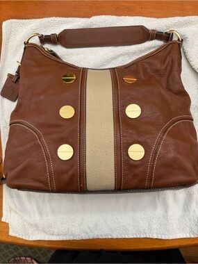 Milly of New York Brown Leather Shoulder Bag-Canvas Stripe & Gold Accents